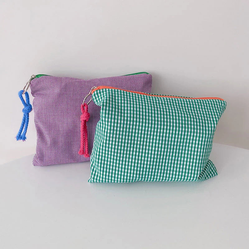 Trousse de Toilette Coton Motif Carreaux — Pochette de Voyage