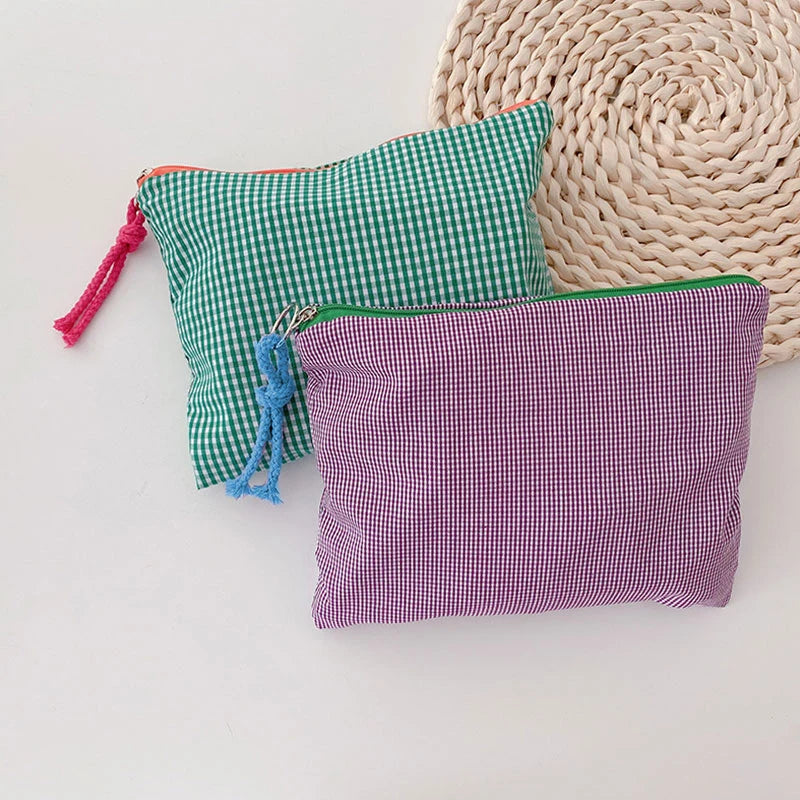 Trousse de Toilette Coton Motif Carreaux — Pochette de Voyage