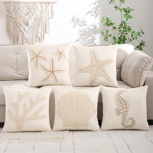Coussin Déco Motif Marin – Tons Beiges Doux & Naturels